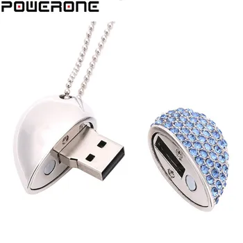 POWERONE Cristal de diamant inima cu lanț pandantiv unitate flash USB pendrive 64GB 16gb 32GB USB 2.0 colier Memory stick Cadouri 10023