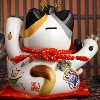 9 inch Ceramic Maneki Neko Caseta de Monedă Norocos Pisica Ornament Decor Acasă Feng Shui Figurina Platus Pisica
