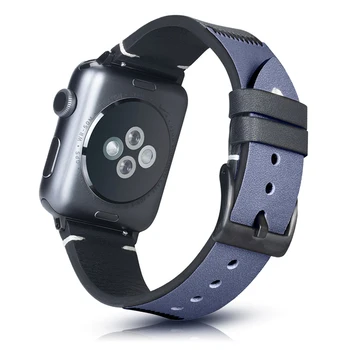 Albastru-negru Bratara Fashion din Piele pentru Apple Watch Band Seria 6 SE 5 4 3 2 Cusaturi Casual, Curea pentru iWatch 40mm 44mm 42/38mm