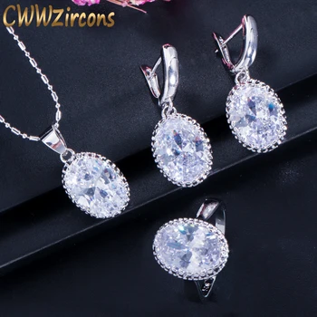 CWWZircons 3pcs Forma de Coroana Mare Rotund Tăiat Oval Alb CZ Inel Colier Cercei pentru Femei de Brand de Moda Elegant de Bijuterii Seturi de T270