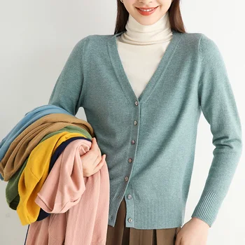 Femei cardigan tricot subtire de toamna îmbrăcăminte exterioară cald butoane lung mâneci V gât pulover vintage