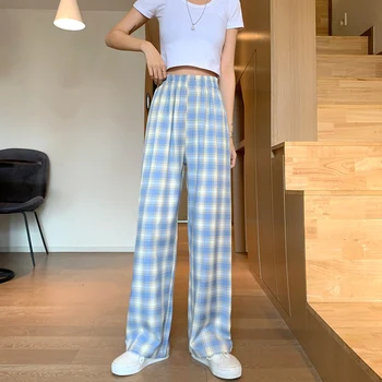 Pantaloni largi Picior Femei 6 Culori Chic Carouri Mov Talie Elastic Harajuku Moale Adolescenti Streetwear Toate-meci la Modă coreean Pantaloni Noi 10361
