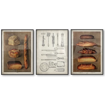 Vintage Pâine Alimente Poster Bucătărie Panificatie Băcan Copt Pâine Pâini Ilustrare Arta De Perete De Epocă Franceză Panza De Imprimare Imagine