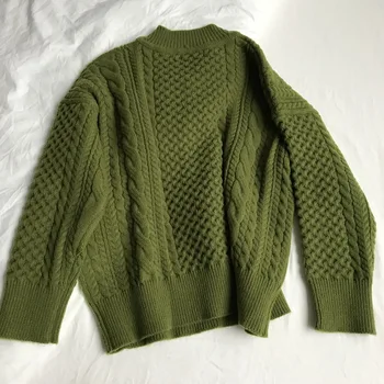 Iarna elegant verde V-neck retro twist mare pulover gros femei tricot top supradimensionat