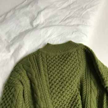 Iarna elegant verde V-neck retro twist mare pulover gros femei tricot top supradimensionat