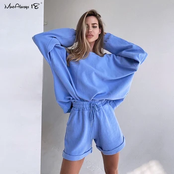 Mnealways18 Casual Albastru 2 Bucata Set Costum Sport Femei Cu Maneci Lungi Tricou Și Pantaloni Scurți De Trening Femei Toamna Seturi Liber 2020