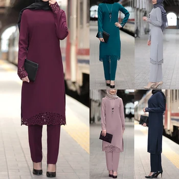 Ramadan Eid Rochie Musulman Femeile 2pecs Set Top si Pantaloni Dubai Abaya Dantelă sus Ropa Caftan Turcia Africane Haine Islamice Rochie Set