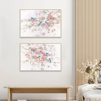 Floare de piersic Ramură Pasăre Arta de Perete Panza Pictura Chineză Nouă Postere si Printuri Poze de Perete pentru Camera de zi Decor Modern