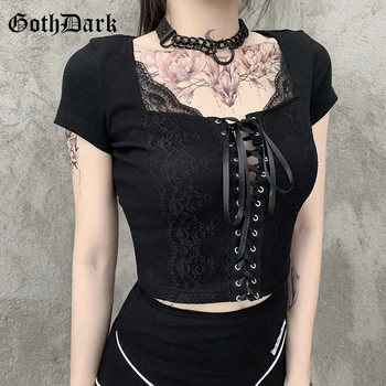 Goth Întuneric Plasă de Mozaic Gotic T-shirt Bandaj Fata Negru Punk Femei Topuri de Cultură Bodycon Scurt Maneca V-neck tricou Sexy 2020