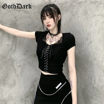 Goth Întuneric Plasă de Mozaic Gotic T-shirt Bandaj Fata Negru Punk Femei Topuri de Cultură Bodycon Scurt Maneca V-neck tricou Sexy 2020
