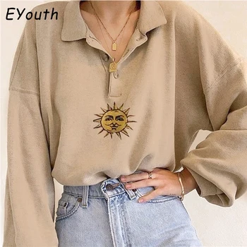 Vintage Femei Hoodie Soare Model Brodat semi-deschis cu Guler Jachete de Moda Liber Subțire cu mâneci Lungi Sweatershirt Sus