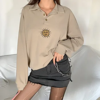 Vintage Femei Hoodie Soare Model Brodat semi-deschis cu Guler Jachete de Moda Liber Subțire cu mâneci Lungi Sweatershirt Sus