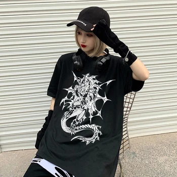Harajuku Moda coreeană de Mari dimensiuni dragon Print pentru Femei T-Shirt Hipsters Grunge Stil Liber Casual vintage Negru cu Maneci Scurte Topuri