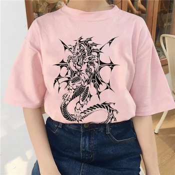 Harajuku Moda coreeană de Mari dimensiuni dragon Print pentru Femei T-Shirt Hipsters Grunge Stil Liber Casual vintage Negru cu Maneci Scurte Topuri