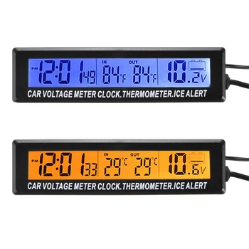 1 buc 3 in1 Masina Digital LCD cu Ceas si Temperatura Interioară și Exterioară Display & Tensiune Monitor Auto Portabil Albastru Portocaliu de Fundal