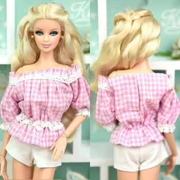 Off-umăr Carouri Dantela Haine Pentru Papusa Barbie 1/6 Flounced Tricou Top Utilaje Pentru Blythe XinYi Momoko BJD Papusa