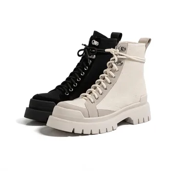 MORAZORA 2020 New sosire casual pantofi doamnelor med tocuri rotund toe dantela-up cizme pentru femei toamna iarna ghete alb negru