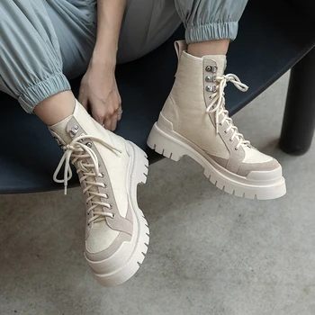 MORAZORA 2020 New sosire casual pantofi doamnelor med tocuri rotund toe dantela-up cizme pentru femei toamna iarna ghete alb negru
