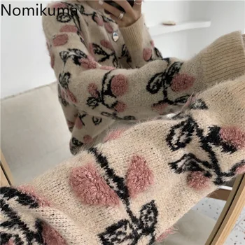 Nomikuma pulover Pulover Femei Vrac Casual, O-Neck Maneca Lunga Model Jacquard Flori Vintage Pulovere coreean Jumperi 3d490
