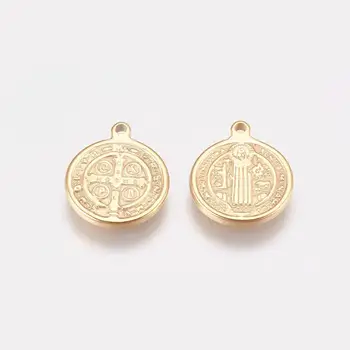 5pcs Saint Benedict Medalie de Pandantive din Oțel Inoxidabil de Lungă Durată Rotunde Plate Placate cu Aur 15x12x1.5mm, Orificiu: 1.2 mm