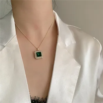 Retro Pătrat Verde de Cristal Pandantiv Coliere Strălucitoare Stras Geometrice Coliere Coliere pentru Femei Colier Vintage Bijuterii