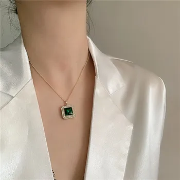 Retro Pătrat Verde de Cristal Pandantiv Coliere Strălucitoare Stras Geometrice Coliere Coliere pentru Femei Colier Vintage Bijuterii