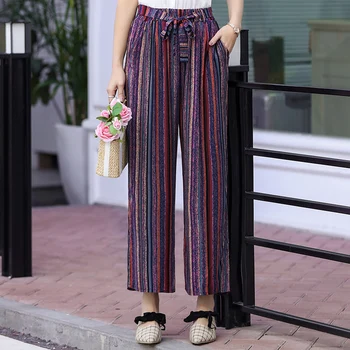 Vara Pantaloni Largi Picior Femei Vintage Plus Dimensiune Pantaloni coreean Casual Imprimare Boem Glezna-Lungime Pantaloni Talie Mare cu Eșarfe