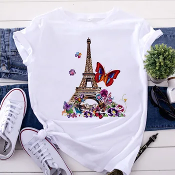 Tricou femei 2020 nou vogue Turnul Eiffel imprimare Tricou de Agrement maneci scurte Harajuku Kpop stil T-shirt îmbrăcăminte de sex feminin Topuri