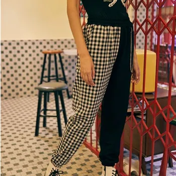 Femei pantaloni de jogging stil casual pantaloni talie mare mozaic carouri liber decorative lanț uzat pantaloni sport