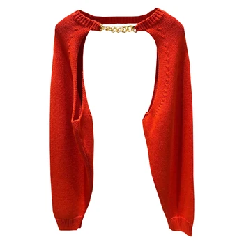 SHENGPALAE 2021 Toamna Femei Streetwear Lanț de Metal Subțire Rotund Gat Culoare Solidă Maneca Lunga Șal Tricotat Topuri la Modă 5A934