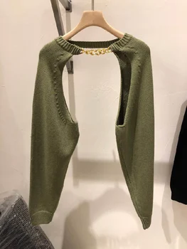 SHENGPALAE 2021 Toamna Femei Streetwear Lanț de Metal Subțire Rotund Gat Culoare Solidă Maneca Lunga Șal Tricotat Topuri la Modă 5A934