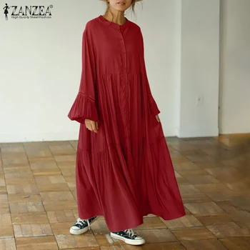 ZANZEA Femei Maxi Rochie de Primavara-Boem Lungă Puff Maneca Sundress Elegant Volan Lung Vestidos Halat Femme Buton de Camasa, Rochii