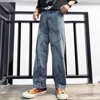 Harajuku Flacără De Imprimare Blugi Femei Vintage Graffiti Lanț De Spălat Blugi Largi Pantaloni Talie Mare Streetwear Drept Om Pantaloni Blugi