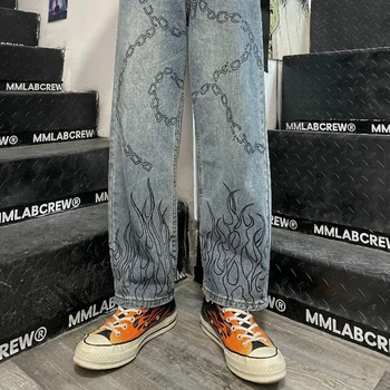 Harajuku Flacără De Imprimare Blugi Femei Vintage Graffiti Lanț De Spălat Blugi Largi Pantaloni Talie Mare Streetwear Drept Om Pantaloni Blugi