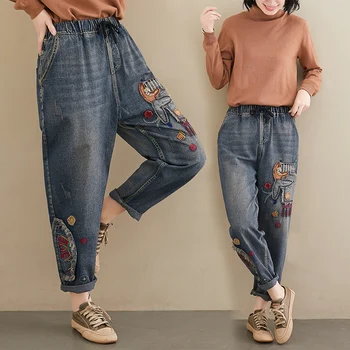 2020 Femei Primavara-Vara Moda Coreea Style Elastic Talie Mare Epocă De Desene Animate Broderie Blugi Office Lady Casual Pantaloni Largi