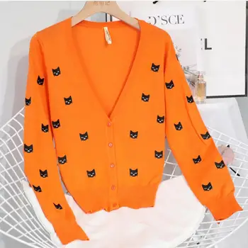 2020 toamna noua moda tricot cardigan femei brodate cat pulover V-neck mâneci lungi sweatershirt 11517