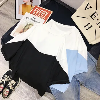 Moda Vara noua Bază solidă Tricou Vrac Maneci Scurte O-neck T-shirt Mozaic elevii Tee Topuri harajuku Streetwear de sex Feminin