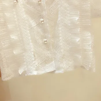 Alb Dantela Roz Tricou Femei de Vară 2020 Nou Beaded V-neck Lace Tricou Toate-meci Vrac Decupaj Dantela Bluza Blusas Mujer Nancylim