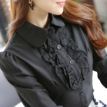 Noi coreean Primavara Toamna Tricouri Femei cu Maneci Lungi Rever Volane Șifon Bluza Office Doamnelor Cămașă Albă Blusas Topuri Top Negru