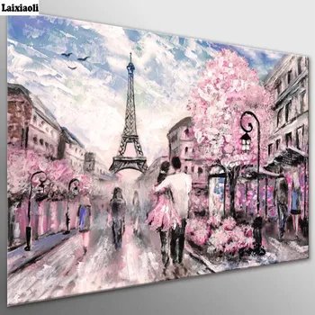 Diamant pictura cruciulițe,Diamant Broderie,Oraș Scape Roz Strada Paris Mozaic,cuplu romantic fotografie de nunta de decorare