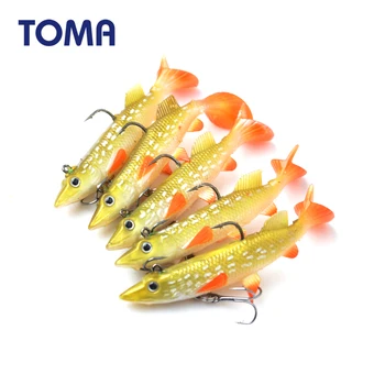 TOMA 5pcs/lot Moale Duce capul de Pește Momeli de Pescuit 14g Artificială Moale Ademeni T Coada cu 2 Cârlige Bass Momeală de pescuit