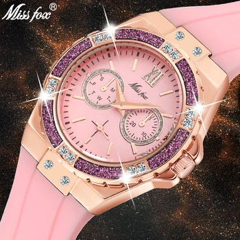Missfox Femei Ceasuri De Lux De Moda 2019 Diamond Rose Gold Cronograf Culoare Roz Banda De Cauciuc Doamnelor Ceasuri Cuarț Ceasuri De Mana Noi