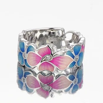 De Lux Roz Albastru Email Butterfly Vintage Argint 925 Nunta Inel De Logodna Bijuterii De Mireasă Cadou De Crăciun De Inele De Nunta