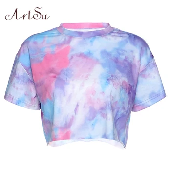 Artsu 2020 Tie Dye Pisica Drăguț Print Crop Top Tricou de Moda Casual de Vara cu Maneci Scurte T-shirt Doamnelor Violet Streetwear ASTS81361
