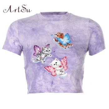Artsu 2020 Tie Dye Pisica Drăguț Print Crop Top Tricou de Moda Casual de Vara cu Maneci Scurte T-shirt Doamnelor Violet Streetwear ASTS81361