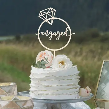 Acril / Lemn Inel cu Diamant Angajat cake topper din Lemn de Logodna tort fân Nunta petrecere de Logodnă decoratiuni