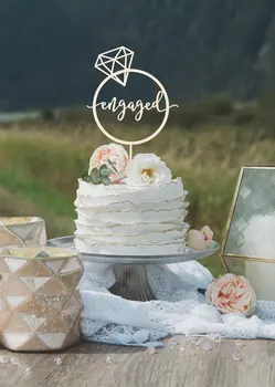 Acril / Lemn Inel cu Diamant Angajat cake topper din Lemn de Logodna tort fân Nunta petrecere de Logodnă decoratiuni