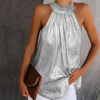 Moda pentru femei Strălucitor Ștreangul de Gât Topuri Rezervor Doamnelor Vesta Casual de Vara de Culoare Solidă fără Mâneci tricou Bluza Negru Aur Argint