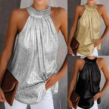 Moda pentru femei Strălucitor Ștreangul de Gât Topuri Rezervor Doamnelor Vesta Casual de Vara de Culoare Solidă fără Mâneci tricou Bluza Negru Aur Argint