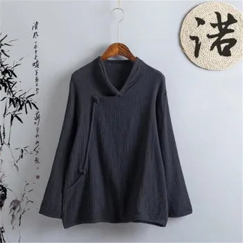 2020 Primavara Toamna Femei Vintage Tricou Marime Mare Lenjerie de pat din Bumbac cu Maneci Lungi V-neck Bluza Stil Chinezesc Plus Dimensiune 5XL6XL Negru/Rosu
